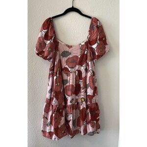 Loft Mini Dress Size 8 Poppy Floral Puff-Sleeve Babydoll Pink Boho Cottagecore